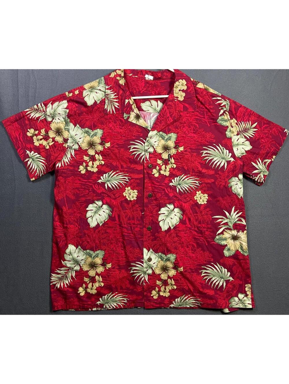 VTG Palmwave Clothing Mens 2XL Red HAWAIIAN TROPICAL CAMP SS Shirt Button Down